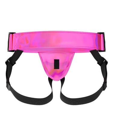 Mina Lustre Strap-On Harness displayed with adjustable straps, highlighting its versatility for all body types and sizes.
